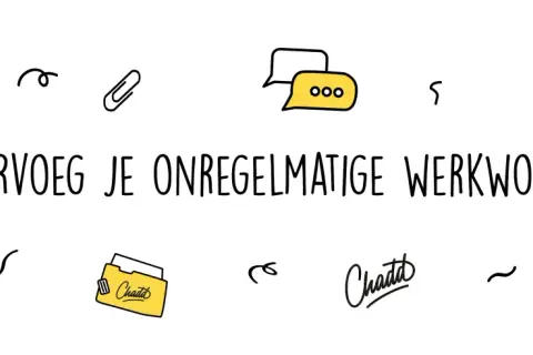 Vraagtekens, boeken en een gebouw helpen je om onregelmatige werkwoorden te verwerven betekenis.