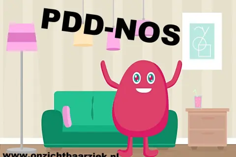 Een vrolijk roze figuur met grote ogen staat voor een bank. Boven hen staat de tekst PDD-NOS.