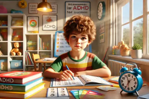 Jongen met ADHD worstelt met lezen. Boeken en kaarten met ADHD-thema liggen op tafel.