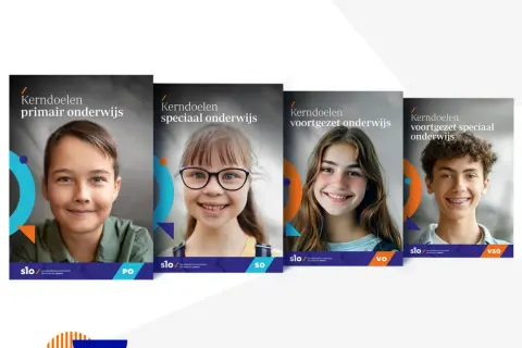 Vier covers met kinderen, elk met de titel 'Kerndoelen' en een onderwijstype: primair, speciaal, voortgezet en voortgezet speciaal onderwijs.