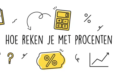 Hoeveel procent is iets van iets? Leer het met deze illustratie vol met procenten, een rekenmachine, grafieken en een boek.