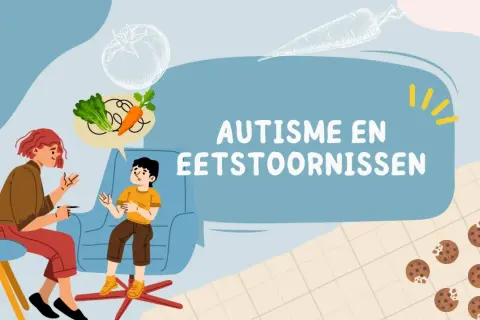 Een therapeut praat met een jongen over **autisme en eetproblemen**. Groenten en koekjes symboliseren de uitdagingen.