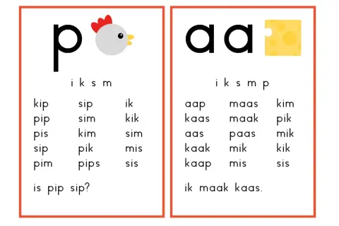 Werkblad 'Veilig leren lezen kern 1' met de letters p en aa. Oefen woorden zoals 'kip' en 'kaas'.