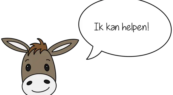 Een schattig ezeltje met een spraakballon zegt: "Ik kan helpen!". Misschien kan het dametje met de centimeter meten.