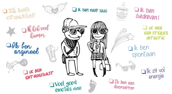 Creatief, energiek, spontaan: dit zijn kenmerken die soms geassocieerd worden met adhd symptomen. Een vrolijke illustratie met positieve eigenschappen.