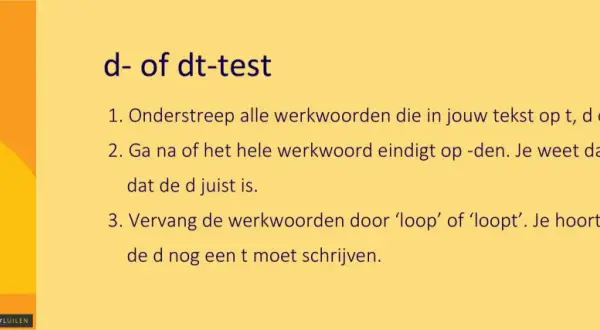 Een schema voor werkwoordspelling, met instructies voor de d- of dt-test. Een figuur leest een boek bovenop een stapel boeken.