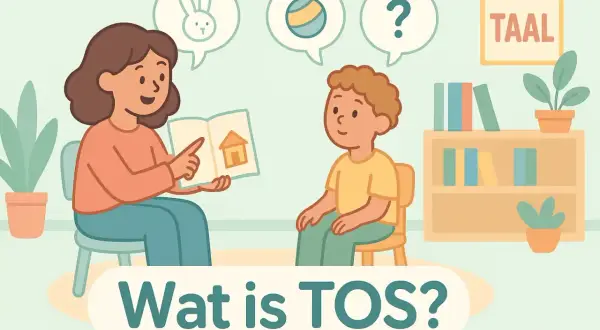 Een vrouw leest een kind voor uit een boek, met afbeeldingen van een konijn, bal en vraagteken. Dit illustreert wat een taalachterstand is.