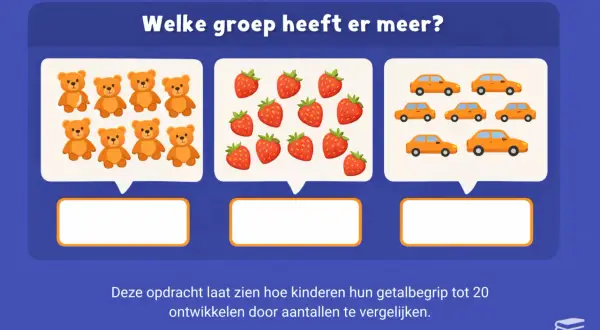 Groep 3 kinderen oefenen met tellen: 8 beren, 11 aardbeien, 7 auto's. Welke groep heeft er meer?