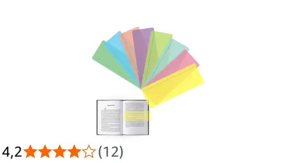 Kleurrijke leeslinialen, ideaal als hulpmiddel bij dyslexie, helpen bij het focussen op tekst in een open boek.