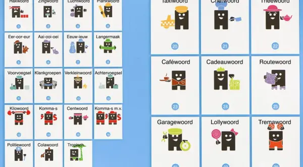 Kaarten met woordsoorten voor groep 4, zoals klankgroepenwoord, taxiwoord en cadeawoord, met vrolijke figuurtjes.