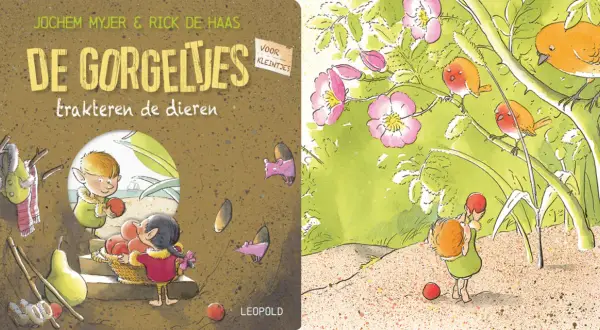 De Gorgels trakteren de dieren. Een jongetje met elfenoortjes en een mand vol fruit, en vogeltjes in de struiken.