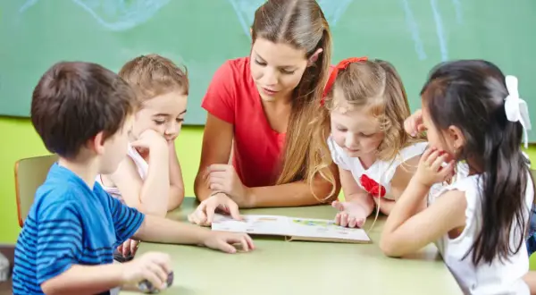 Jonge kinderen luisteren aandachtig naar de juf die voorleest. De leeftijdsgrens basisschool 1 januari is bereikt voor sommigen.