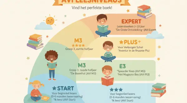 Overzicht van AVI leesniveaus met kinderen en boeken. Van START tot EXPERT, ontdek wat is AVI uit en welk boek past.