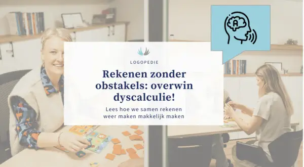 Twee vrouwen spelen een spel met rekenkaarten. De tekst benadrukt hoe ze samen dyscalculie overwinnen, met een focus op cijferend aftrekken.