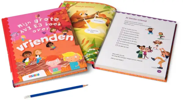 Drie boeken, waaronder een AVI plus boek over vrienden, met illustraties van kinderen en dieren.