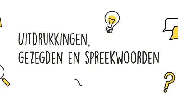 Een trein met "Chatt" erop, een gloeilamp, een vraagteken en tekst over bekende gezegden en spreekwoorden.