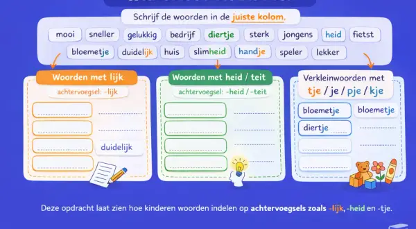 Dictee groep 7: woorden met -lijk, -heid/-teit en verkleinwoorden met -tje/-je/-pje/-kje.