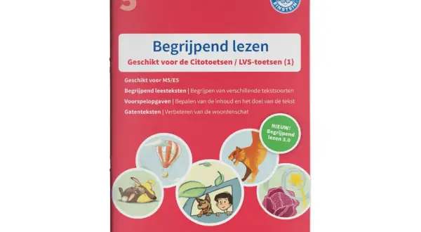 Werkboek voor begrijpend lezen groep 5, met illustraties van een luchtballon, tijger, konijn, jongen met hond en een toverstaf.
