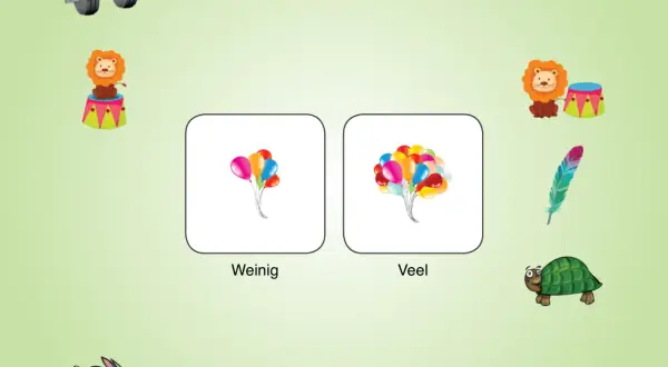 Een circusleeuw met weinig ballonnen tegenover een circusleeuw met veel ballonnen. Leer kleuters over tegenstellingen.