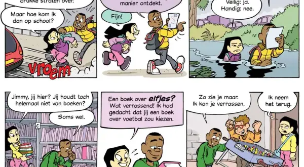 Kinderen vinden leesboeken groep 4, ontdekken een veilige route naar school en spelen tafelvoetbal.