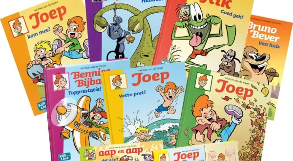 Een stapel vrolijke kinderboeken, waaronder "Joep" en "Kik", die het leesplezier bevorderen.