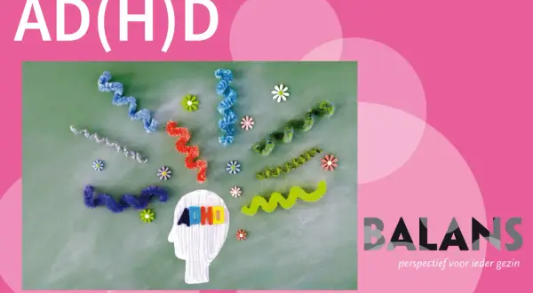 ADHD-richtlijn: een hoofd met de letters ADHD, omringd door kleurrijke, kronkelende vormen en bloemen. Balans: perspectief voor ieder gezin.