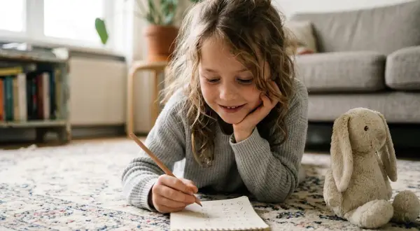 Een meisje ligt op de grond en maakt sommen in een schrift. Naast haar ligt een knuffelkonijn. Ze oefent de tafels.