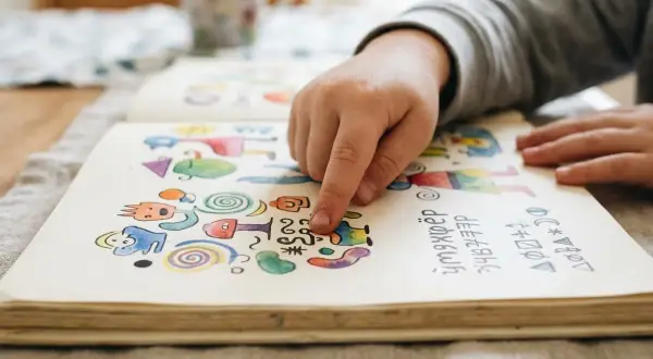 A child's hand points to colorful drawings in an open book.