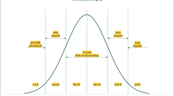 Normaalverdeling IQ: een score van 120 is meer begaafd, wat een positief schooladvies kan betekenen.
