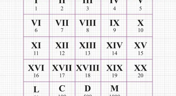 Tabel met Romeinse cijfers, van I tot XX, en enkele grotere getallen zoals L, C, D, M. De IX staat voor 9.