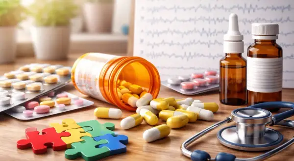 Medicatie bij overprikkeling autisme: pillen, flesjes, puzzelstukjes en een stethoscoop op een houten tafel.