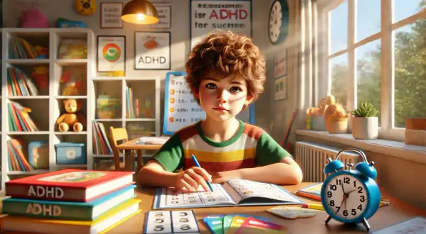 Jongen met ADHD worstelt met lezen. Boeken en kaarten met ADHD-thema liggen op tafel.