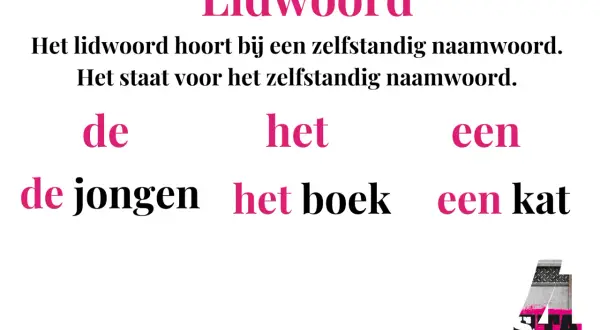 Lidwoorden zoals 'de', 'het' en 'een' horen bij een zelfstandig naamwoord. Ze geven aan of het gaat om 'de jongen', 'het boek' of 'een kat'.