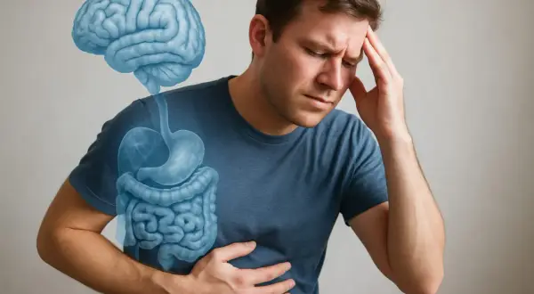 Man met hoofdpijn en buikpijn, hersenen en spijsverteringsorganen zichtbaar. Mogelijk verband tussen adhd en overgewicht.