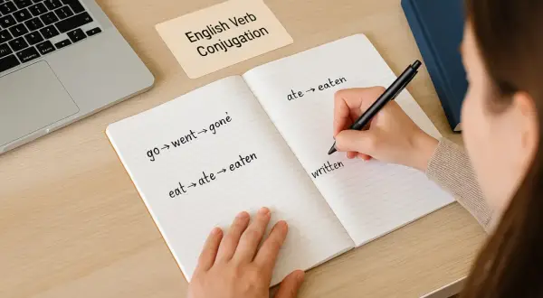 Iemand schrijft Engelse werkwoorden op, zoals 'go', 'went', 'gone'. De uitzonderingen in het Engels leren is belangrijk.