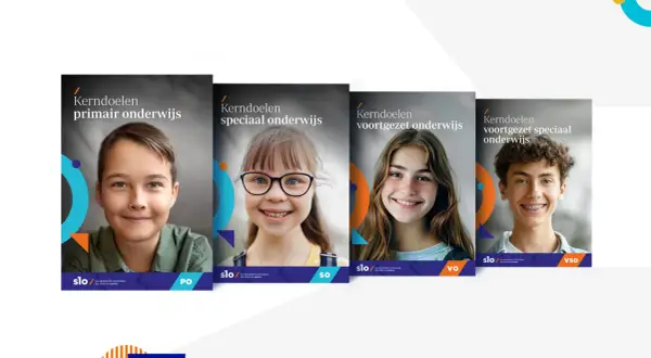 Vier covers met kinderen, elk met de titel 'Kerndoelen' en een onderwijstype: primair, speciaal, voortgezet en voortgezet speciaal onderwijs.