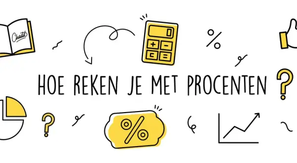 Hoeveel procent is iets van iets? Leer het met deze illustratie vol met procenten, een rekenmachine, grafieken en een boek.