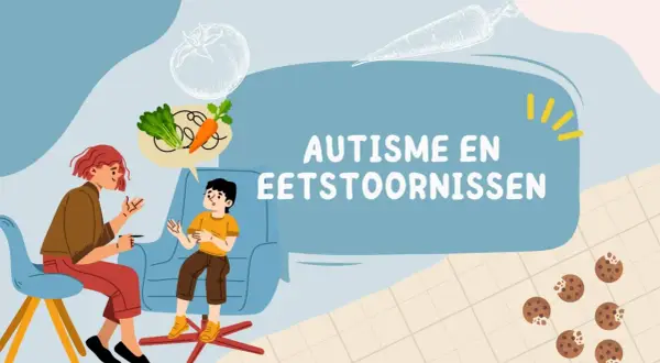 Een therapeut praat met een jongen over **autisme en eetproblemen**. Groenten en koekjes symboliseren de uitdagingen.
