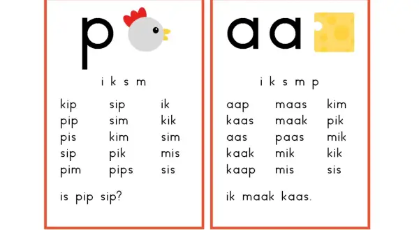 Werkblad 'Veilig leren lezen kern 1' met de letters p en aa. Oefen woorden zoals 'kip' en 'kaas'.
