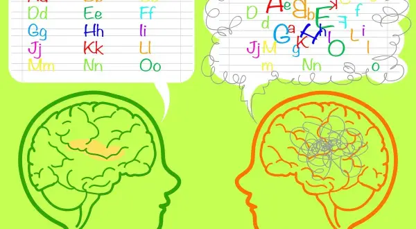 Twee hersenen, één met geordende letters, de ander met een chaos van letters, suggereert een bovengemiddeld iq.