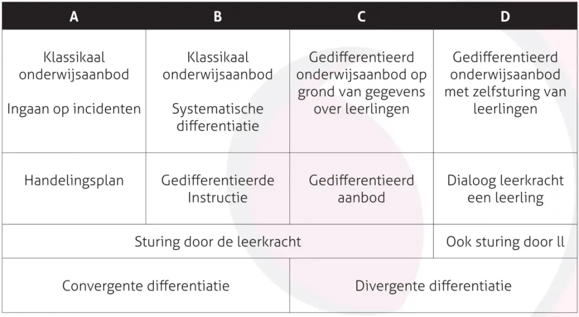 Tabel met vier kolommen (A-D) en rijen die verschillende onderwijsaanpakken tonen, waaronder 'divergente differentiatie' in kolom D.