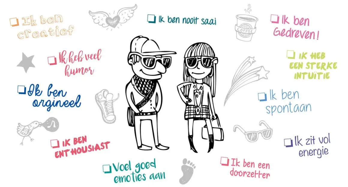Creatief, energiek, spontaan: dit zijn kenmerken die soms geassocieerd worden met adhd symptomen. Een vrolijke illustratie met positieve eigenschappen.