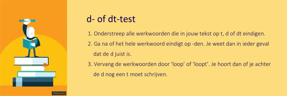 Een schema voor werkwoordspelling, met instructies voor de d- of dt-test. Een figuur leest een boek bovenop een stapel boeken.