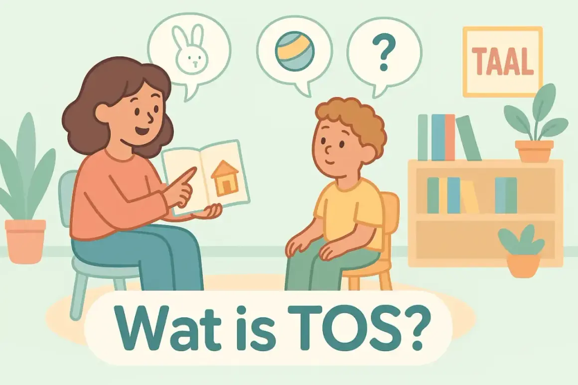 Een vrouw leest een kind voor uit een boek, met afbeeldingen van een konijn, bal en vraagteken. Dit illustreert wat een taalachterstand is.