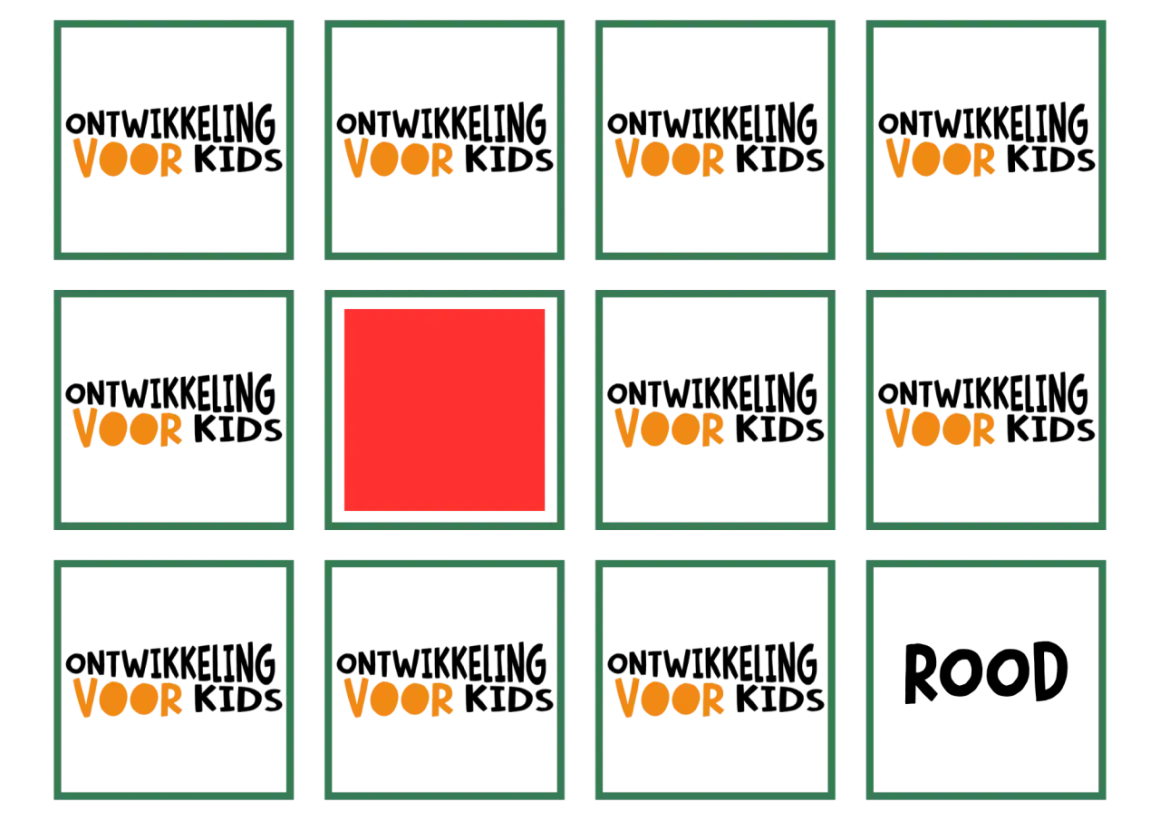 Een spelbord met vakjes, de meeste met het woord 'VOOR' erop. Perfect voor taalspelletjes voor thuis!