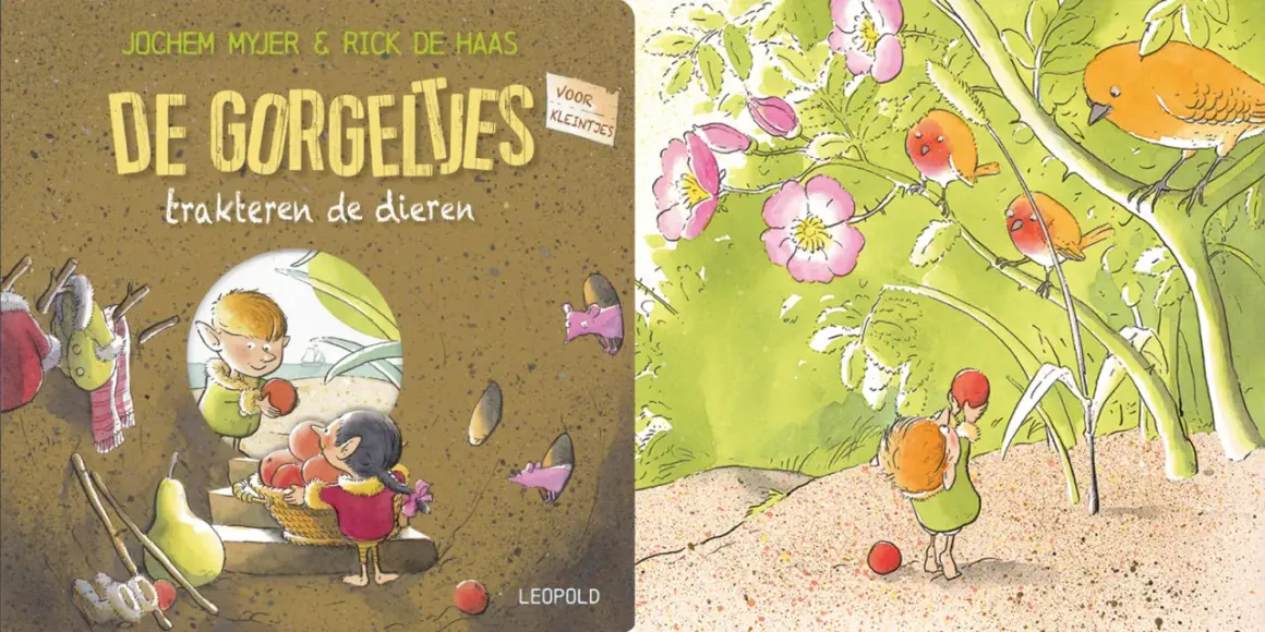 De Gorgels trakteren de dieren. Een jongetje met elfenoortjes en een mand vol fruit, en vogeltjes in de struiken.