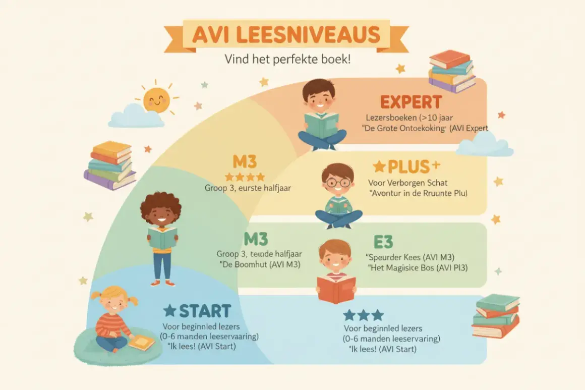 Overzicht van AVI leesniveaus met kinderen en boeken. Van START tot EXPERT, ontdek wat is AVI uit en welk boek past.