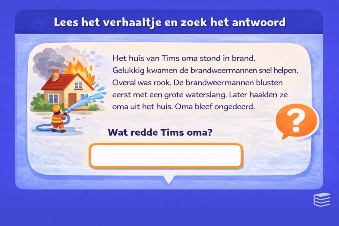 Een brandweerman blust een brandend huis. Dit is een oefening voor begrijpend lezen groep 4.