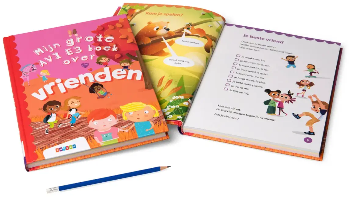 Drie boeken, waaronder een AVI plus boek over vrienden, met illustraties van kinderen en dieren.