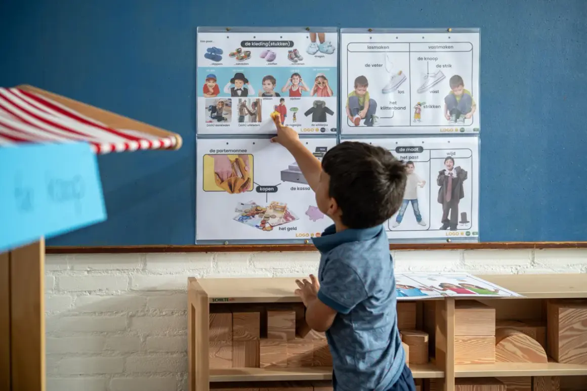 Jongen wijst naar een poster met kledingstukken en geld, onderdeel van woordenschat groep 4.